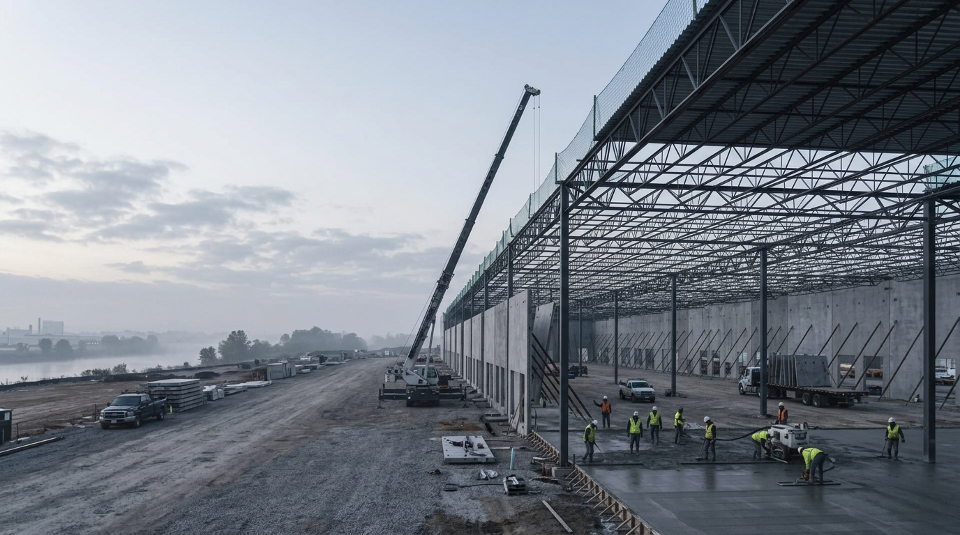 Tilt-up distribution center under construction with crane and steel roof framing at dawn